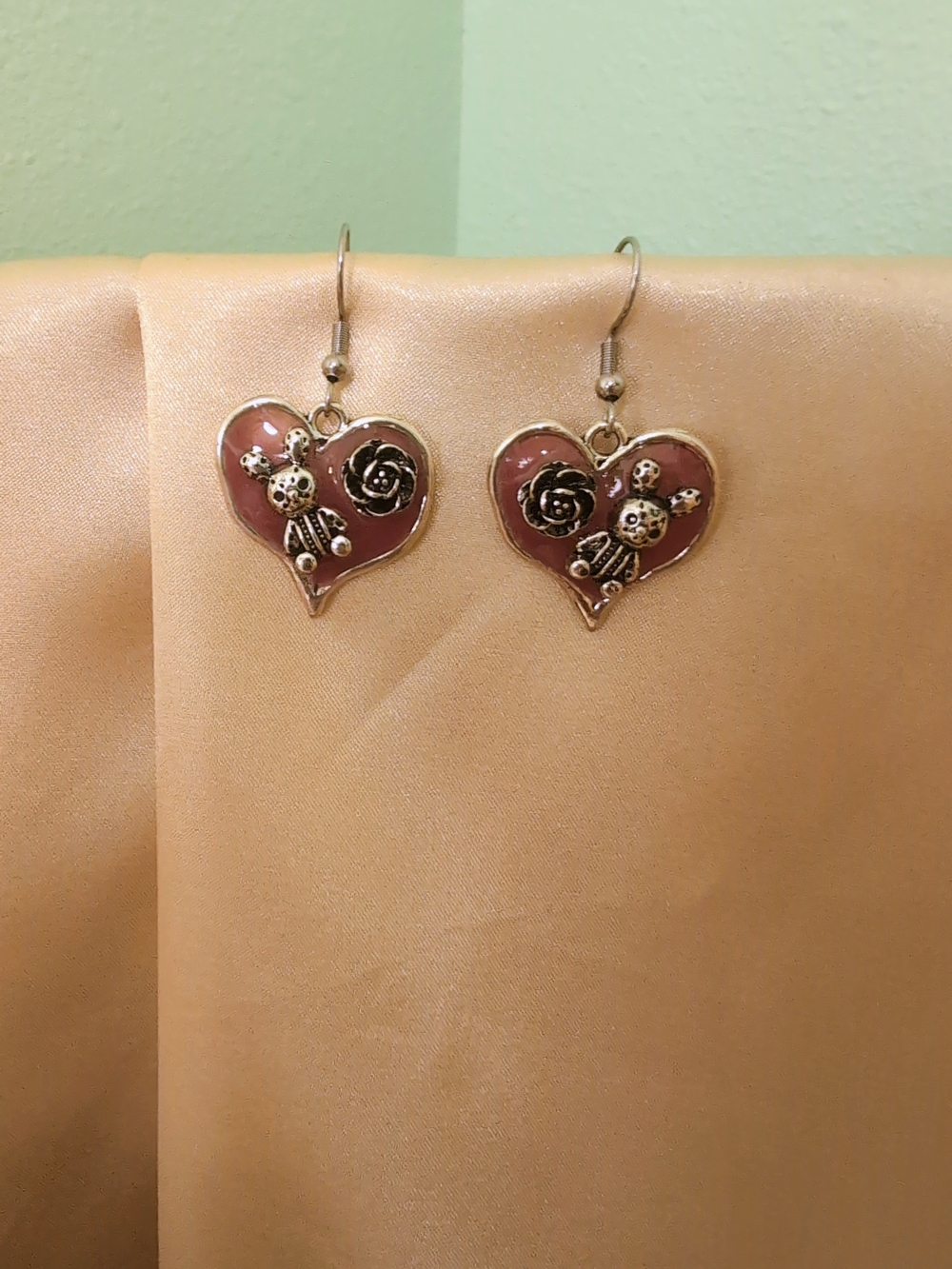 Handmade Pink Heart Bunny & Rose Resin Dangle Earrings